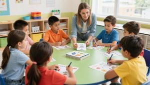 Teacher working with diverse students on vocabulary activities at a classroom table Teacher working with diverse students on vocabulary activities at a classroom table