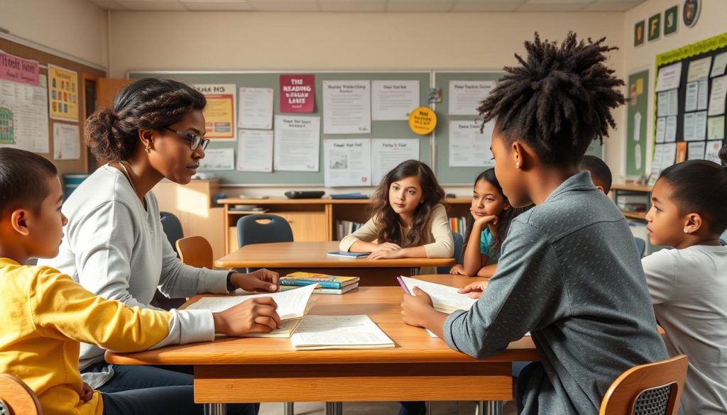 Teacher working with diverse students using different reading comprehension strategies and materials