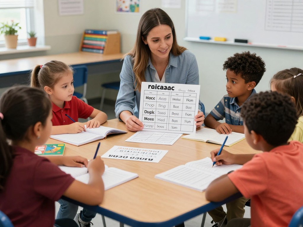 Teacher working with small group on vocabulary development using visual aids