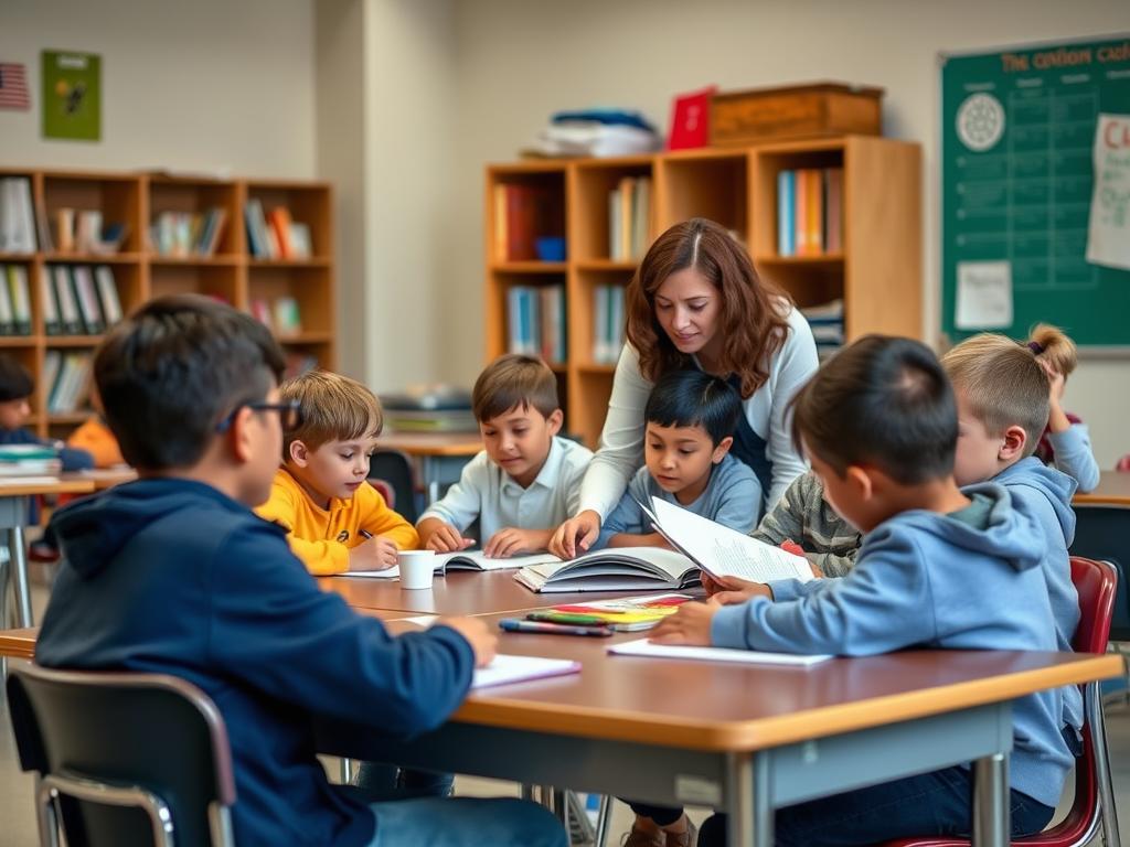Teacher working with small group while other students work independently at different levels