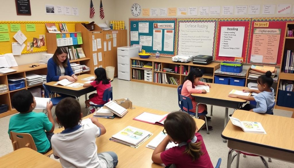 Teacher working with small groups of students at different reading levels Teacher working with small groups of students at different reading levels