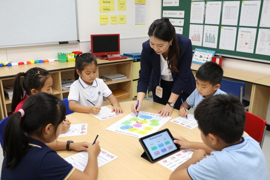 Teacher working with small groups on differentiated vocabulary activities