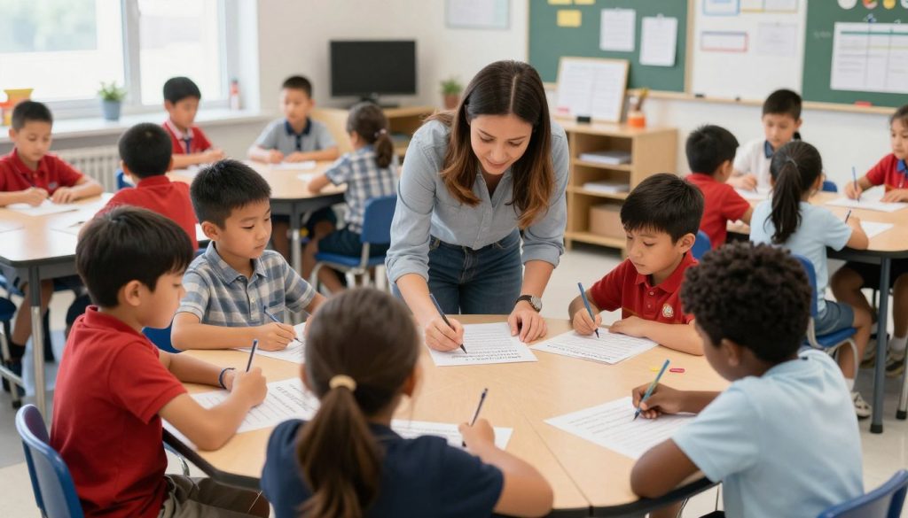 Teacher working with small groups on differentiated vocabulary activities Teacher working with small groups on differentiated vocabulary activities