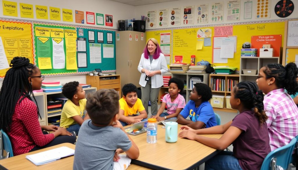 Teacher working with students in a classroom that demonstrates all elements of a comprehensive safe environment Teacher working with students in a classroom that demonstrates all elements of a comprehensive safe environment
