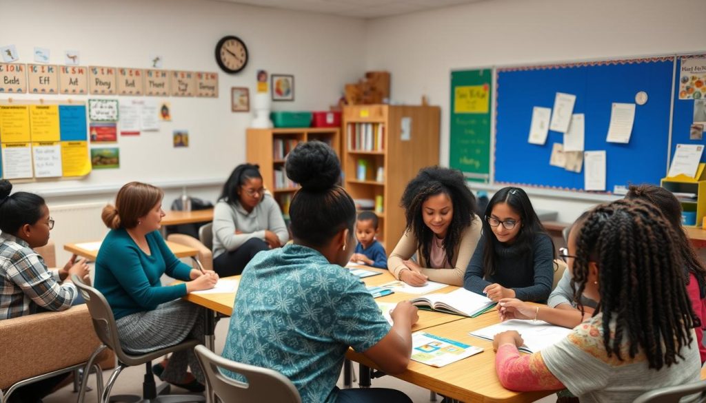 Teachers and families collaborating during a classroom event or conference Teachers and families collaborating during a classroom event or conference