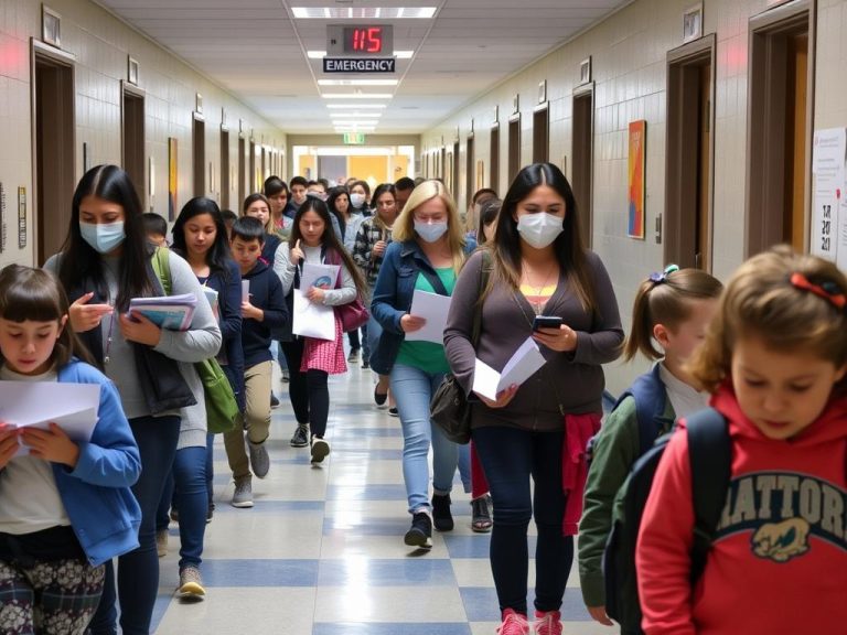 Teachers and students participating in a school safety drill Teachers and students participating in a school safety drill