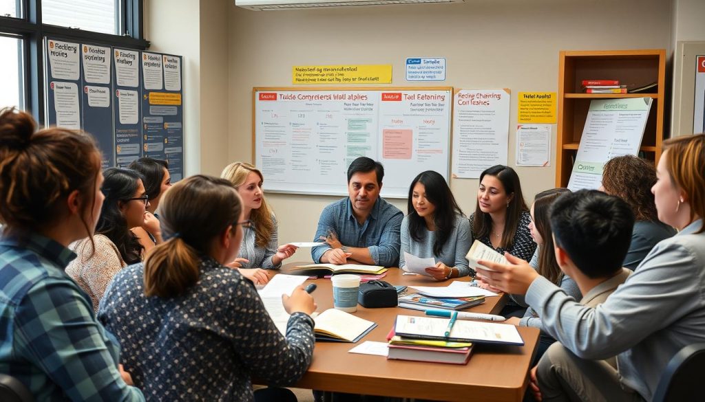 Teachers collaborating in a professional development workshop focused on reading comprehension strategies
