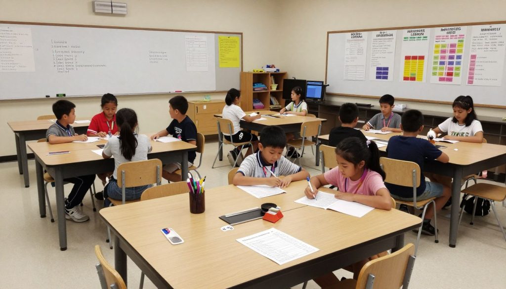 A classroom setup showing learning stations with tiered assignments for different ability levels, illustrating successful strategies for teaching gifted learners
