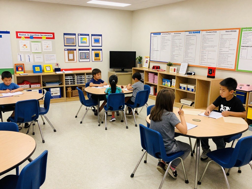 A classroom with flexible seating arrangements and learning centers for differentiated instruction