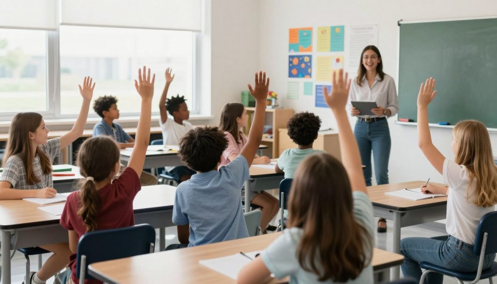 A diverse classroom of engaged students actively participating in a discussion with their teacher
