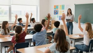 A diverse classroom of engaged students actively participating in a discussion with their A diverse classroom of engaged students actively participating in a discussion with their teacher