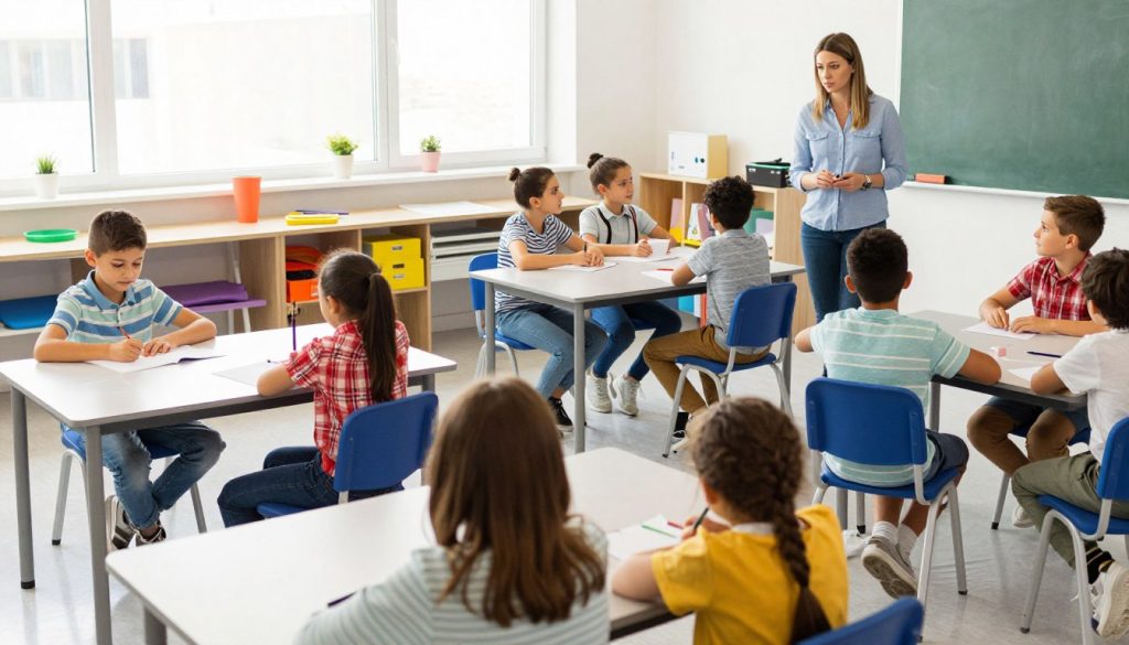 A diverse classroom with students engaged in different learning activities, highlighting gifted and talented learners collaborating with peers