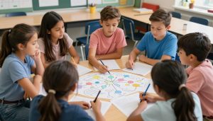 A diverse group of gifted students engaged in a collaborative problem solving activity, demonstrating the characteristics of successful strategies for teaching gifted learners