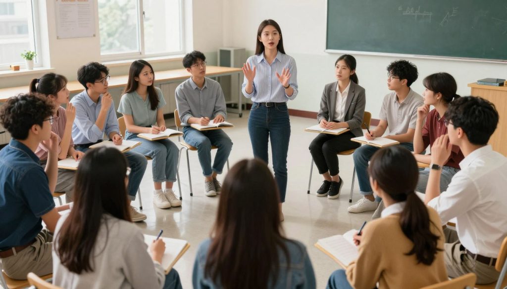 A teacher facilitating a Socratic seminar with engaged students