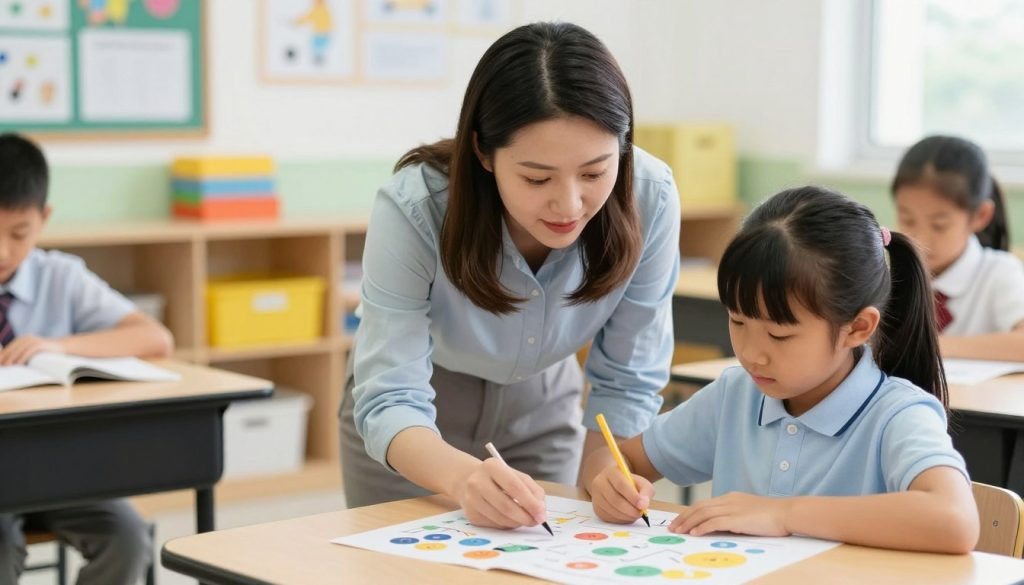 A teacher working with a gifted student on an advanced project in a classroom setting