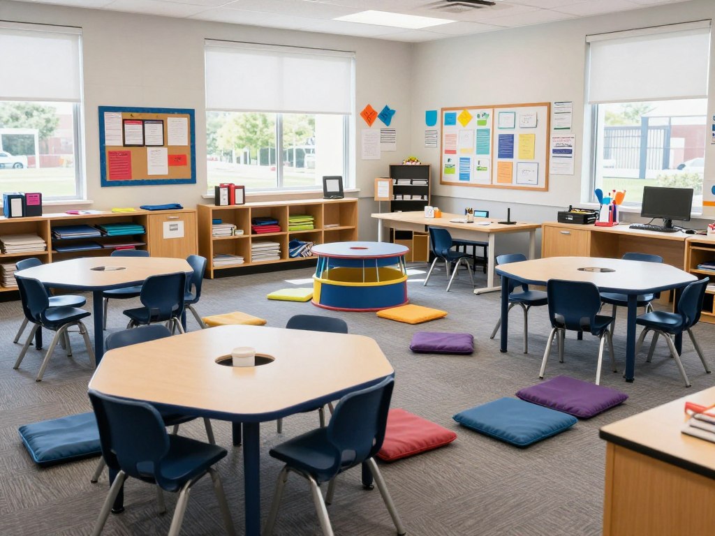 A well-organized classroom with flexible seating arrangements