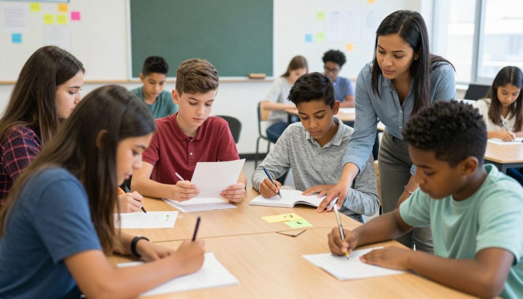 Diverse group of gifted students engaged in a collaborative learning activity, showing various expressions of giftedness