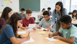 Diverse group of gifted students engaged in a collaborative learning activity, showing various expressions of giftedness