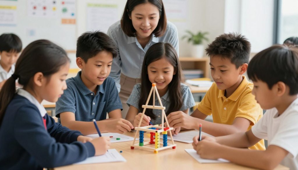 Diverse group of gifted students engaged in a collaborative problem solving activity in a classroom setting