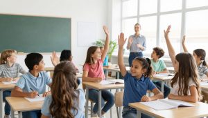 Engaged students actively participating in a classroom discussion with their teacher Engaged students actively participating in a classroom discussion with their teacher