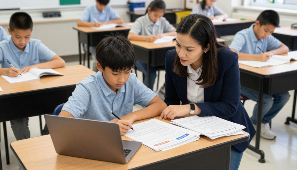 Student working on an independent research project with teacher guidance
