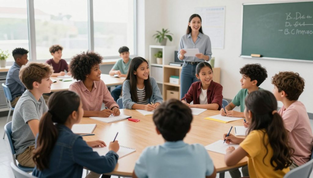Students actively engaged in a collaborative learning activity in a classroom