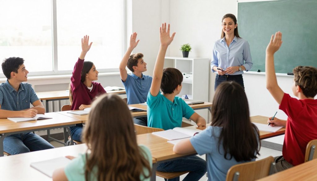Students actively participating in a classroom discussion showing high engagement levels