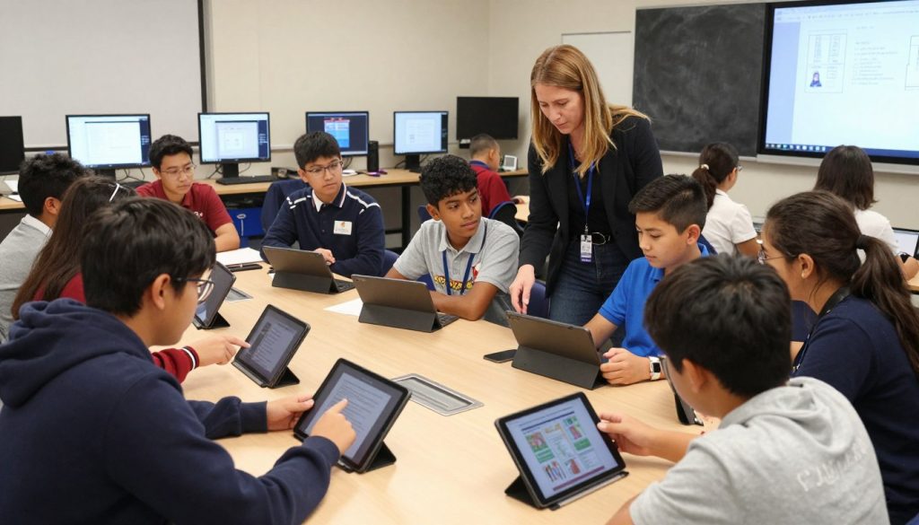 Students collaboratively using tablets for a project-based learning activity as part of increasing student engagement strategies