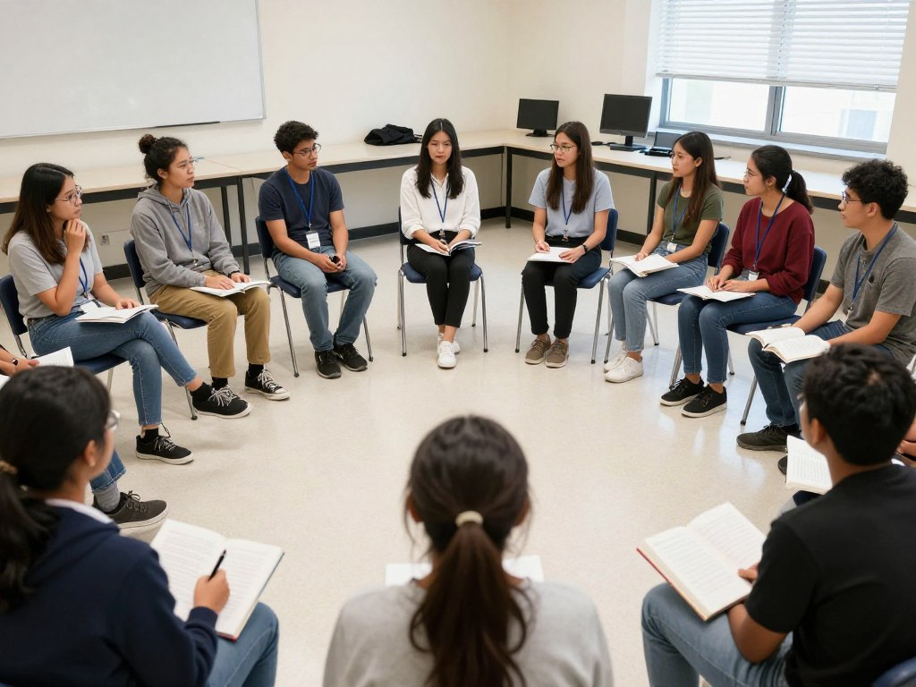 Students engaged in a Socratic seminar discussion with the teacher facilitating