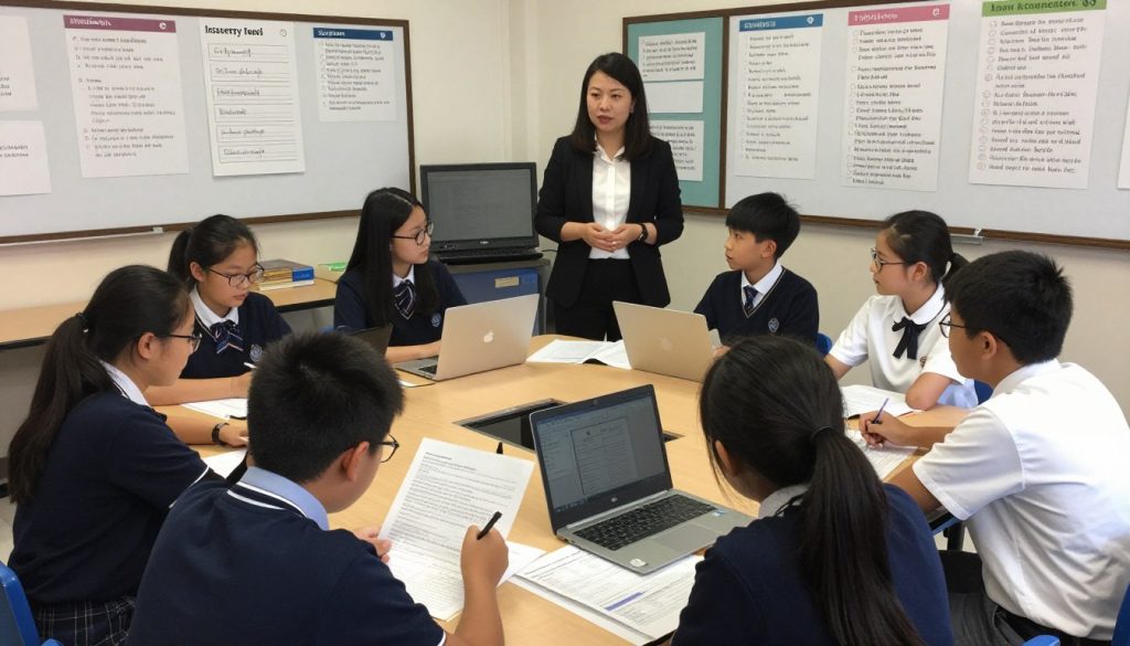 Students engaged in problem-based learning, collaborating on solving a complex real-world problem with teacher guidance