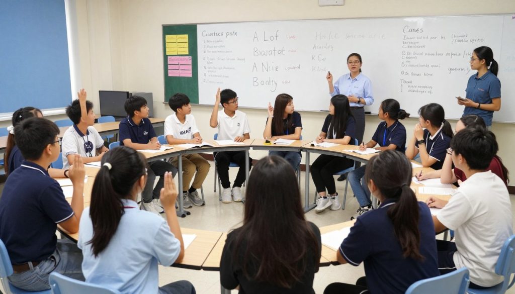 Students leading a classroom discussion while teacher observes