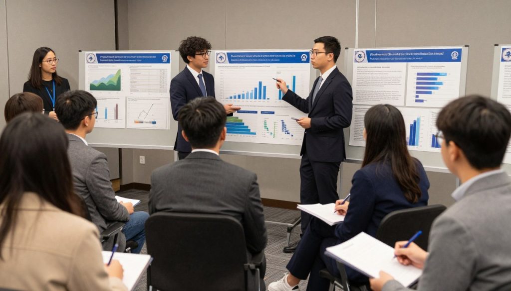 Students presenting their research findings to community experts at a science symposium