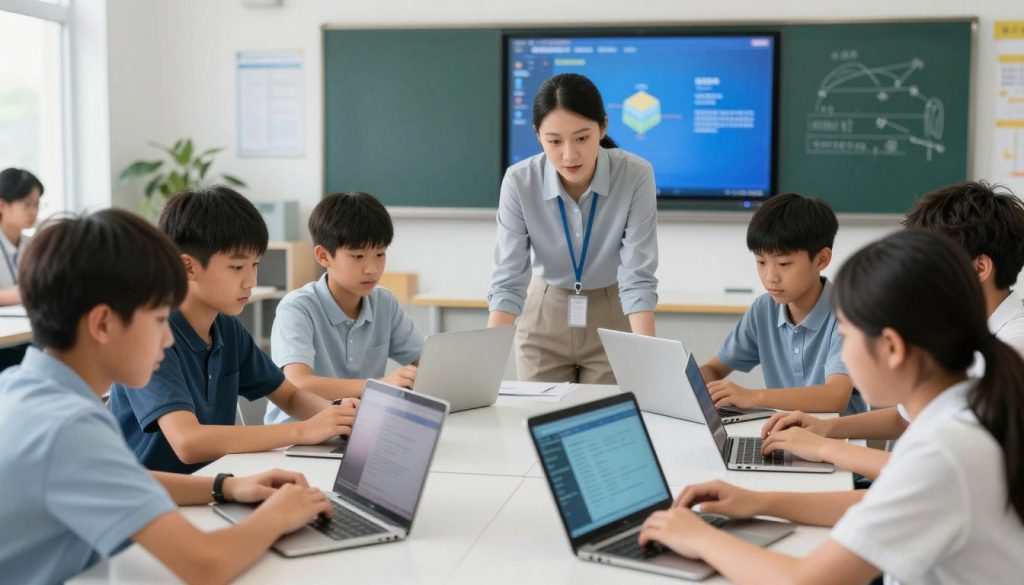 Students using digital technology for collaborative learning in a classroom