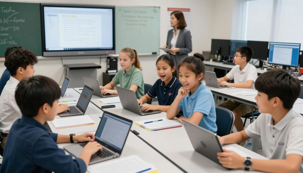 Students using educational technology for collaborative learning