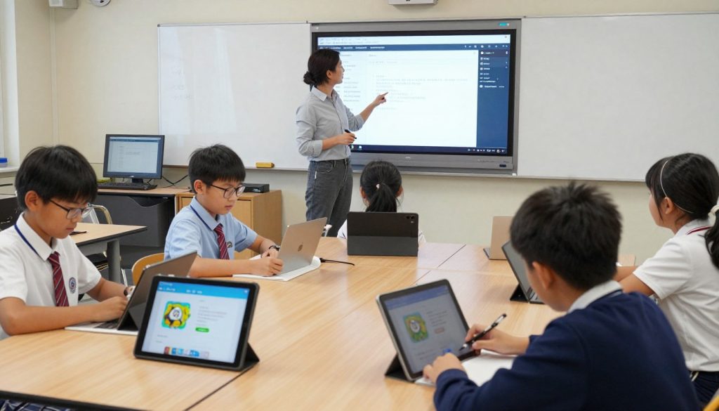 Students using tablets for interactive learning activities