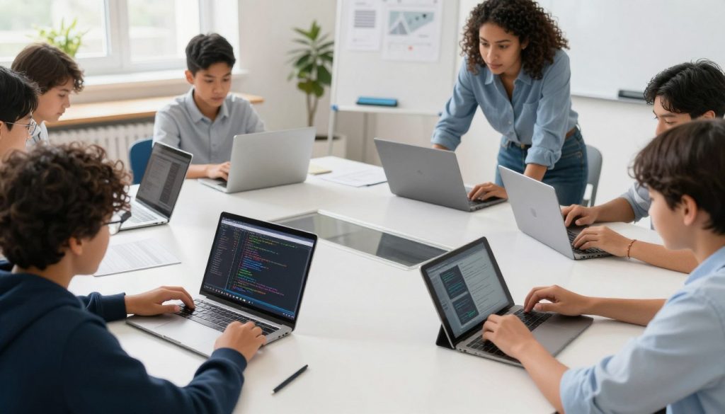 Students using technology for advanced research and creation, demonstrating successful strategies for teaching gifted learners through digital tools