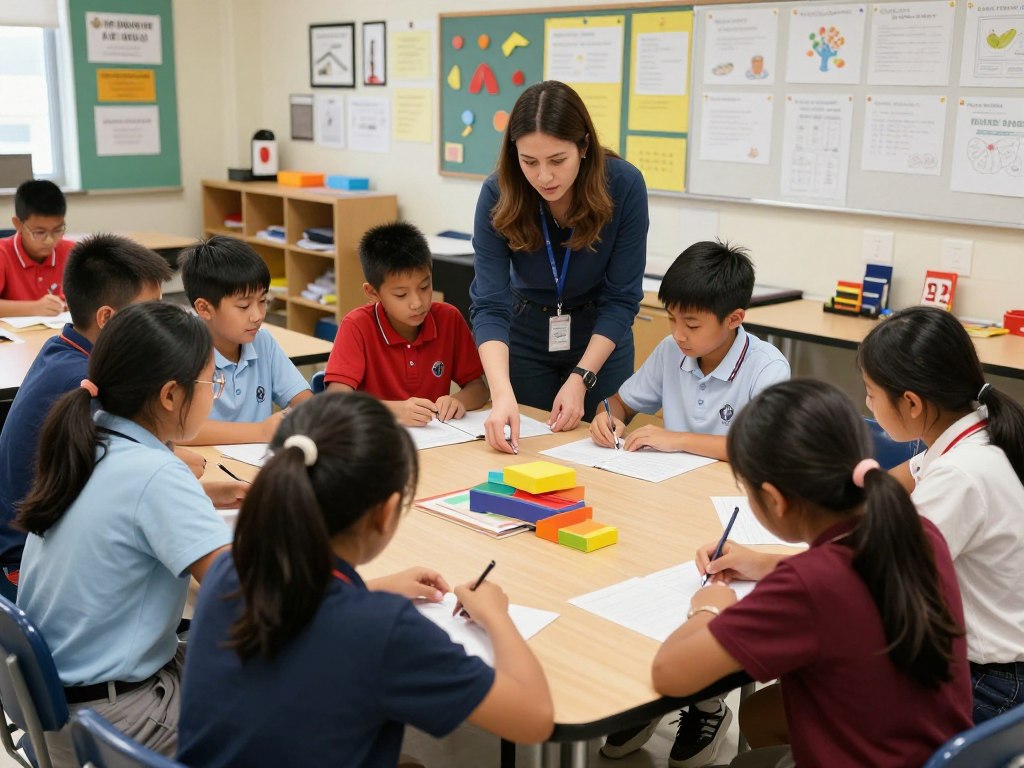 Students working collaboratively in small groups on a hands-on project