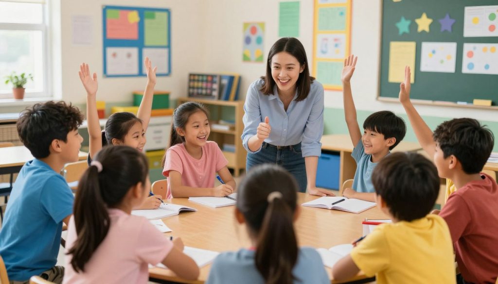 Teacher and students celebrating a successful learning moment in a vibrant classroom environment Teacher and students celebrating a successful learning moment in a vibrant classroom environment