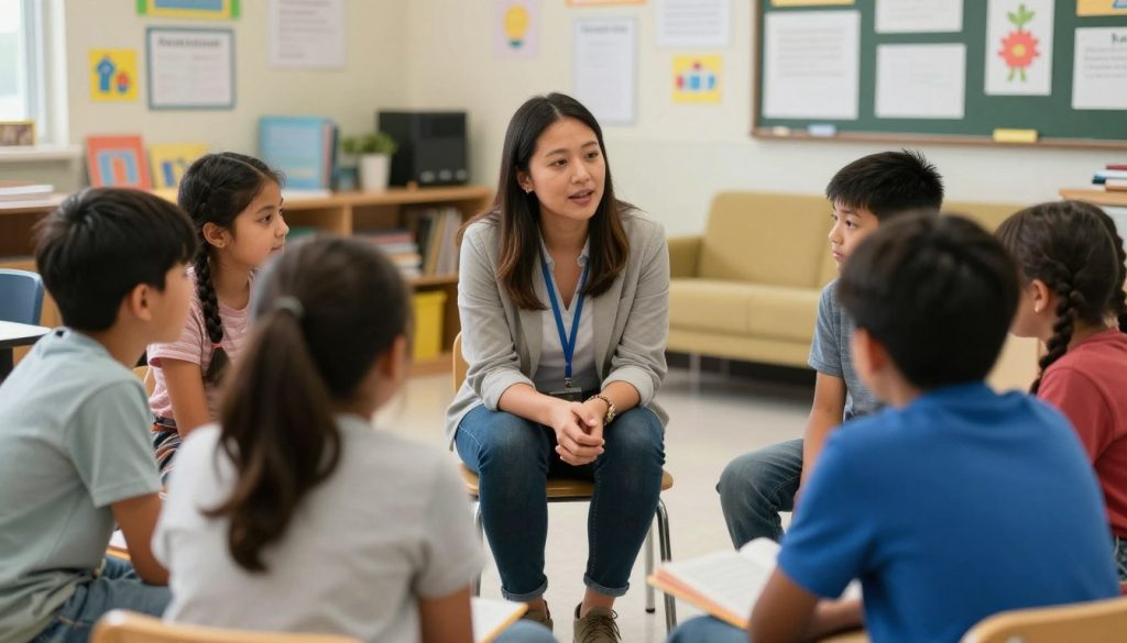 Teacher building positive relationships with students through individual conversations