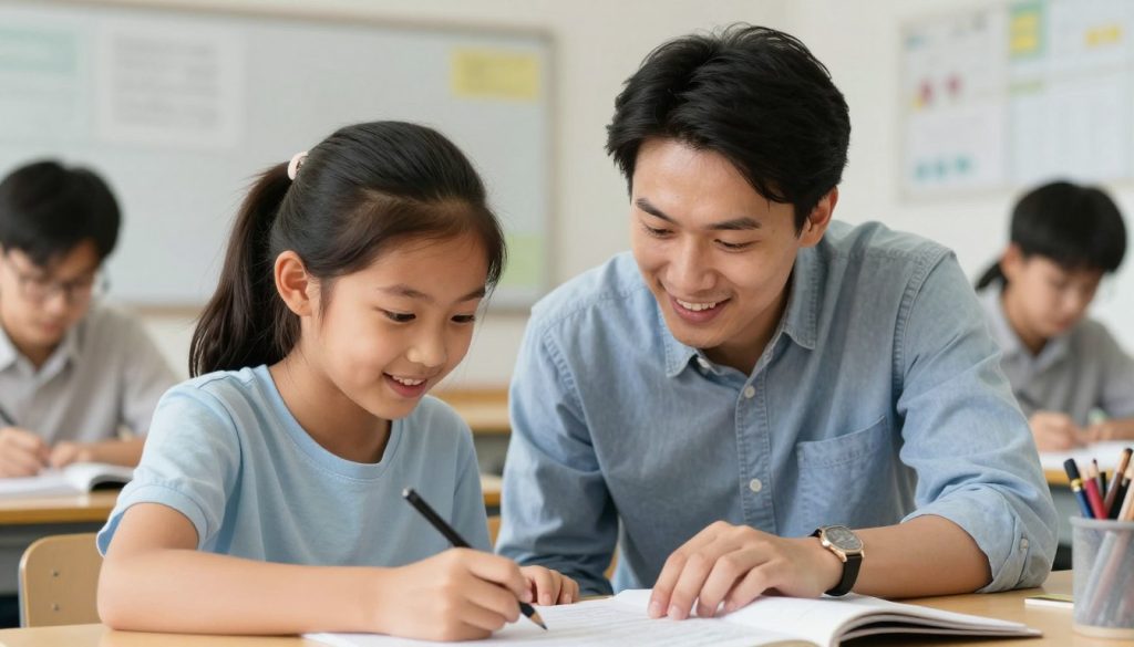 Teacher celebrating a breakthrough moment with an excited gifted student working on an advanced project