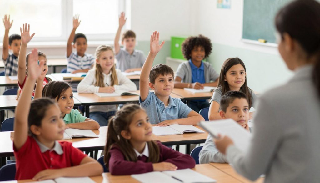 Teacher engaging with diverse students in a classroom setting