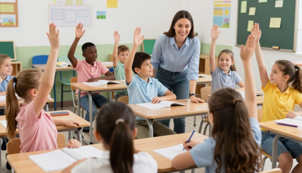 Teacher engaging with enthusiastic elementary students in a classroom implementing increasing student engagement strategies