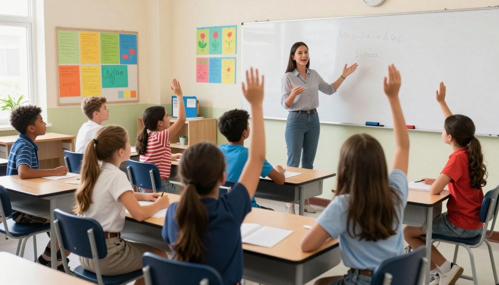 Teacher engaging with students in an active classroom discussion