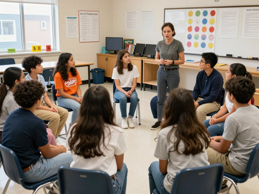 Teacher facilitating a social-emotional learning discussion with gifted students in a supportive classroom environment