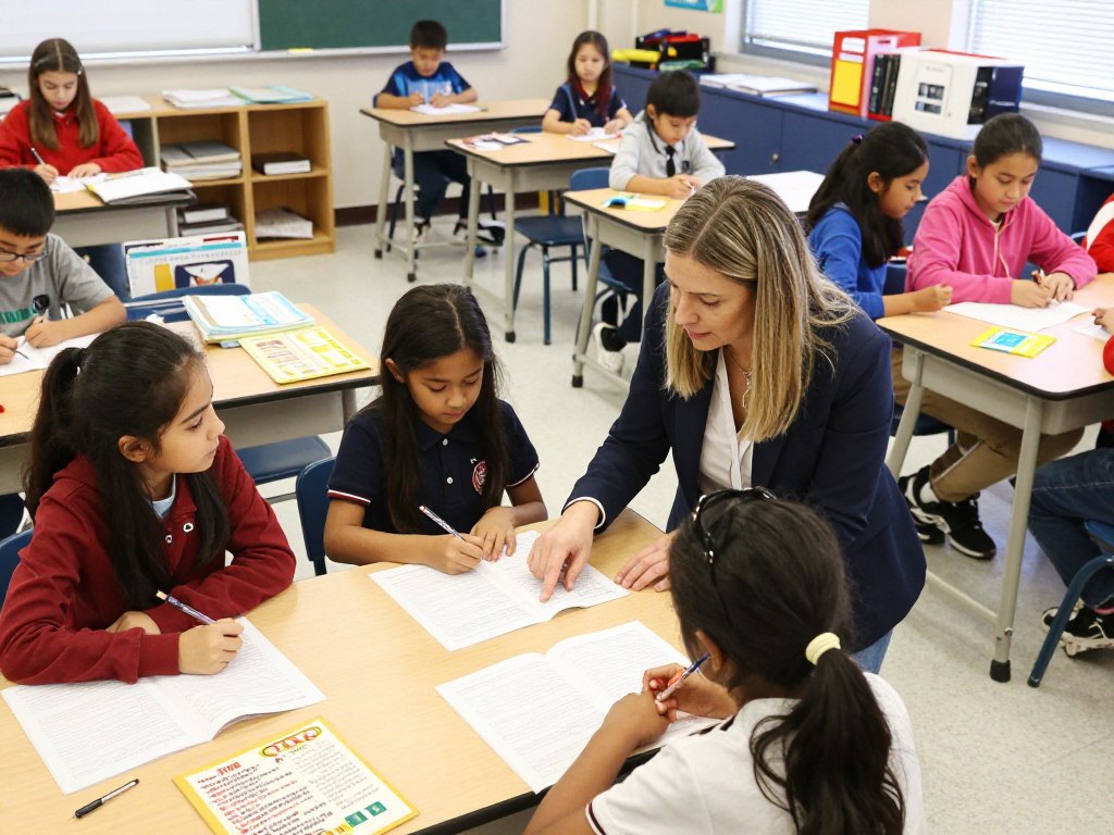 Teacher facilitating differentiated instruction with gifted and talented learners working on advanced projects