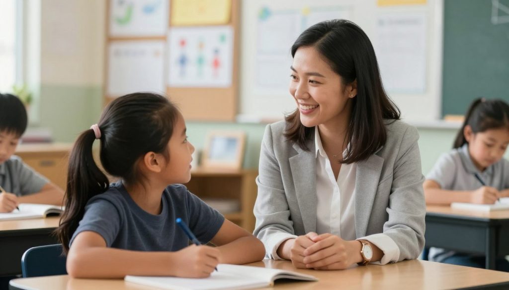 Teacher having a one-on-one conversation with a student, demonstrating positive relationship building