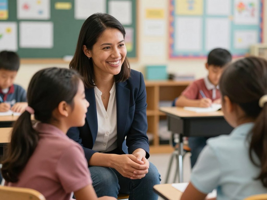 Teacher having a positive one-on-one interaction with a student