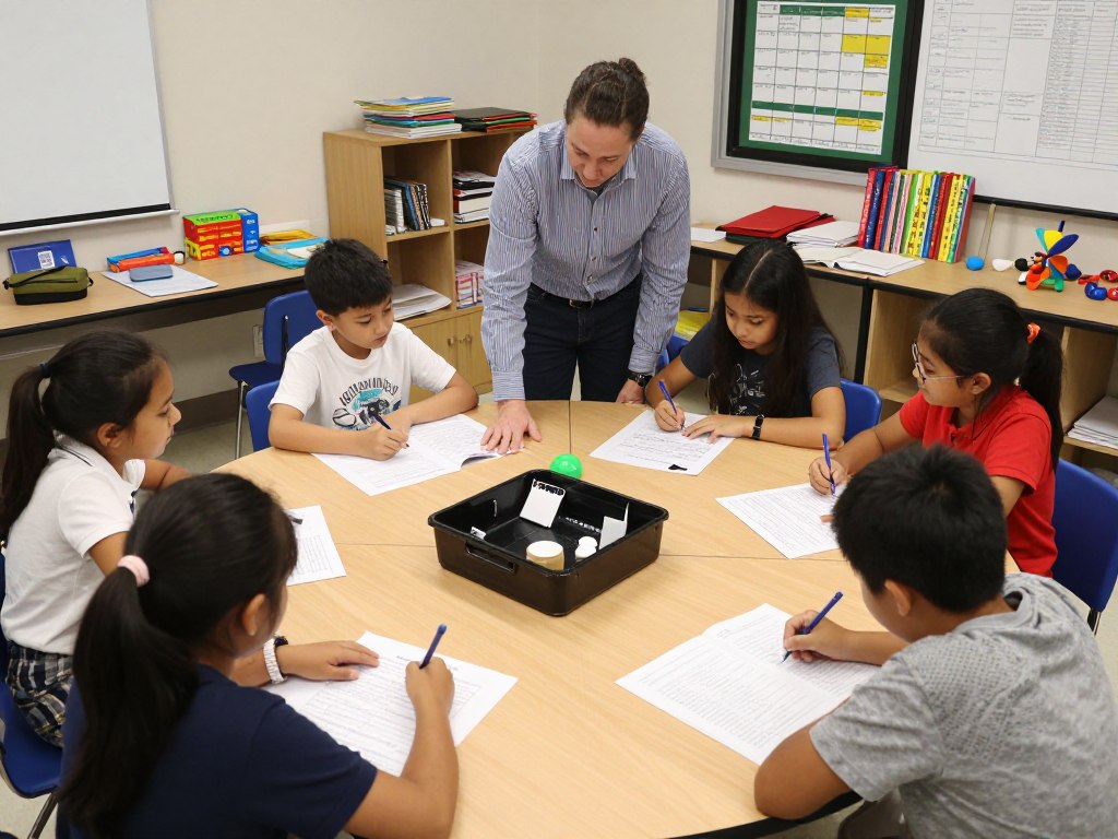 Teacher implementing differentiated instruction with tiered assignments for students at different readiness levels