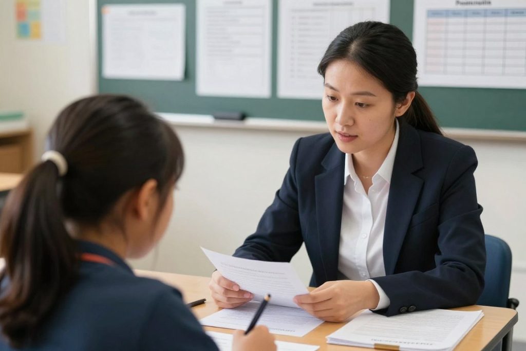 Teacher reviewing student work and providing feedback during a conference