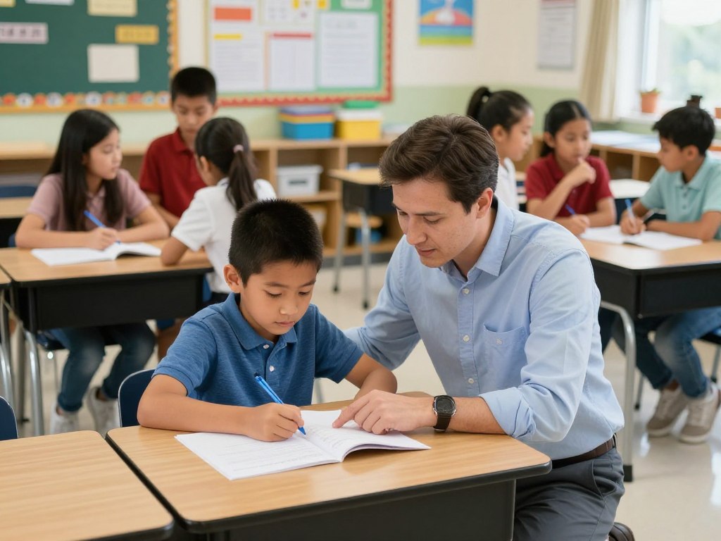 Teacher working one-on-one with an engaged student while classmates collaborate in small groups Teacher working one-on-one with an engaged student while classmates collaborate in small groups